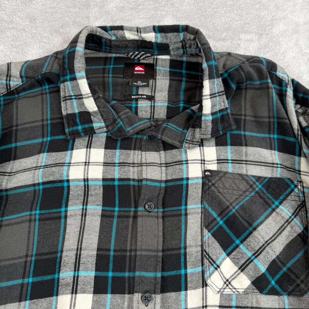 Quiksilver Plaid Flannel Button Down Shirt 2XL Black Teal Mens Surf Skater - Picture 2 of 12